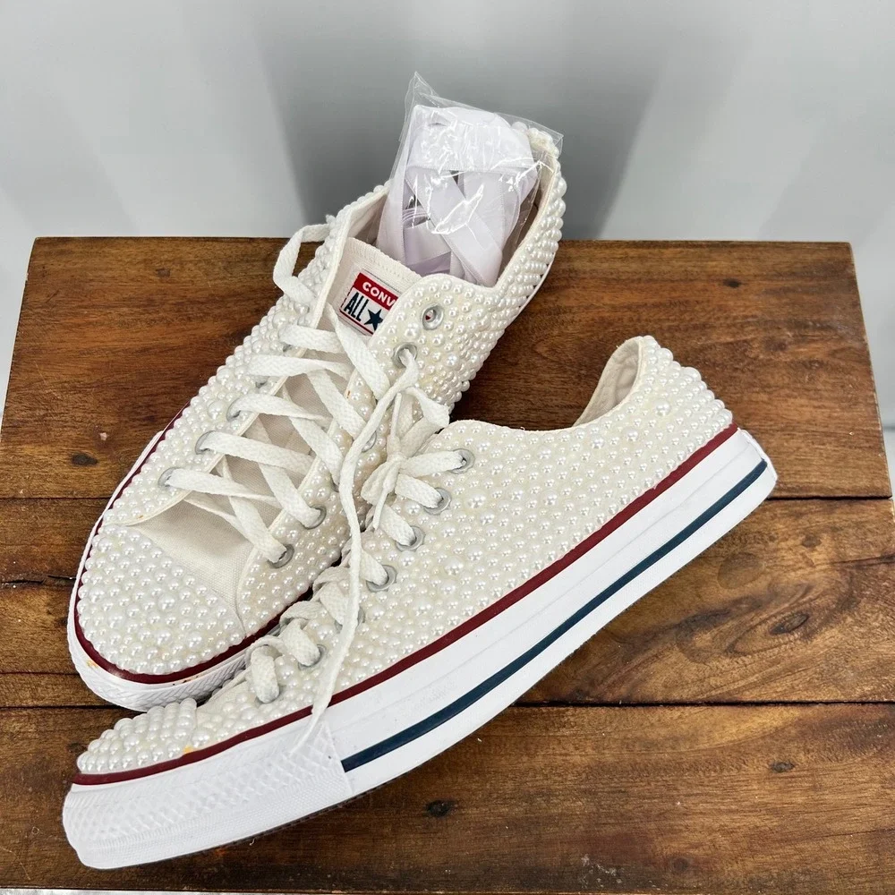 Converse All Star Pearl Embellished Low  Sneakers Ivory Bridal‎ Shoes Womens 8.5